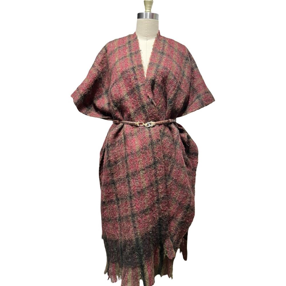 Vintage Handwoven Loomed Woven Poncho Shawl Scarf Wool blend w/ Fringe